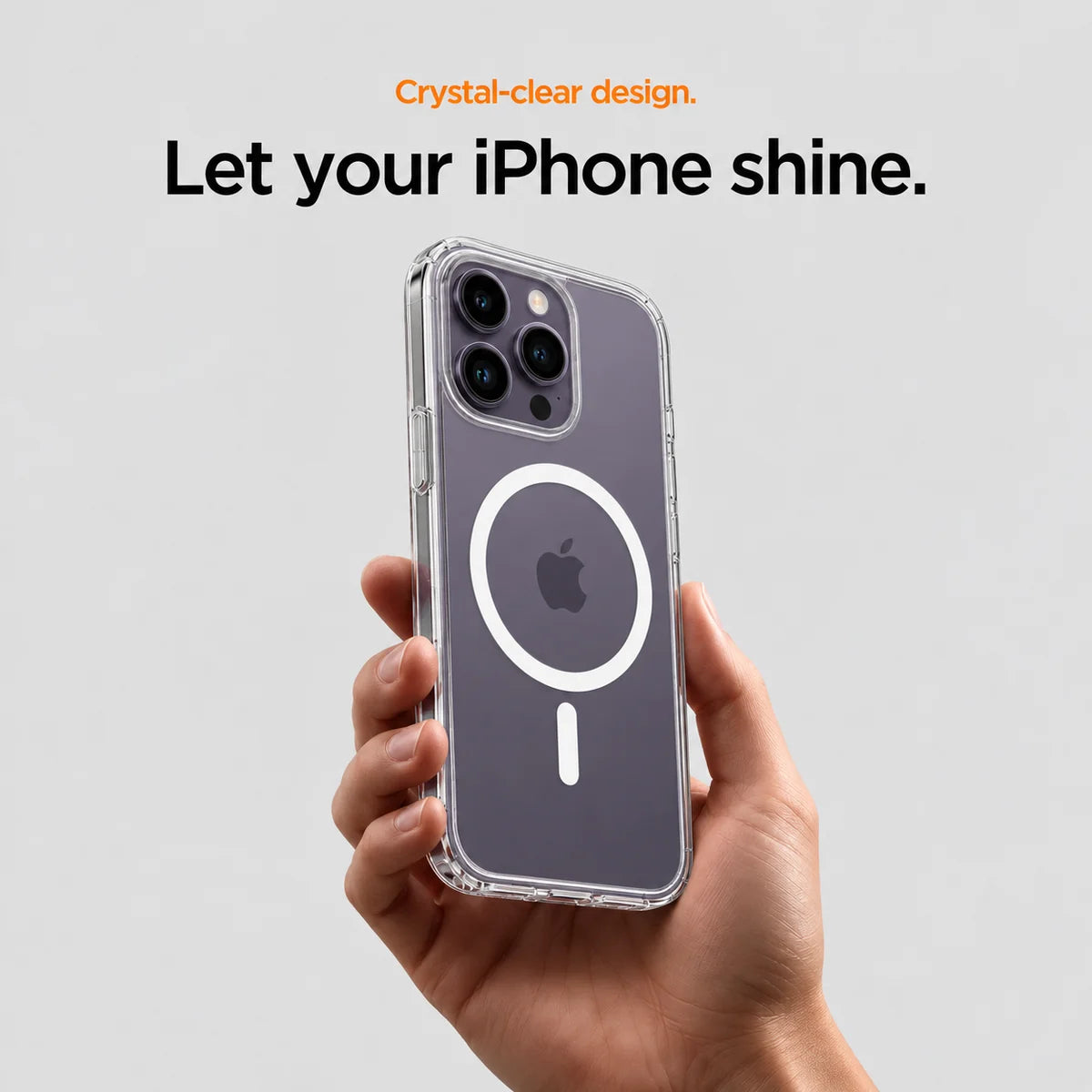 Clear magnetic phone case held at an angle, showing its transparent back and camera openings. #iPhone Model_iPhone 14 Pro Max