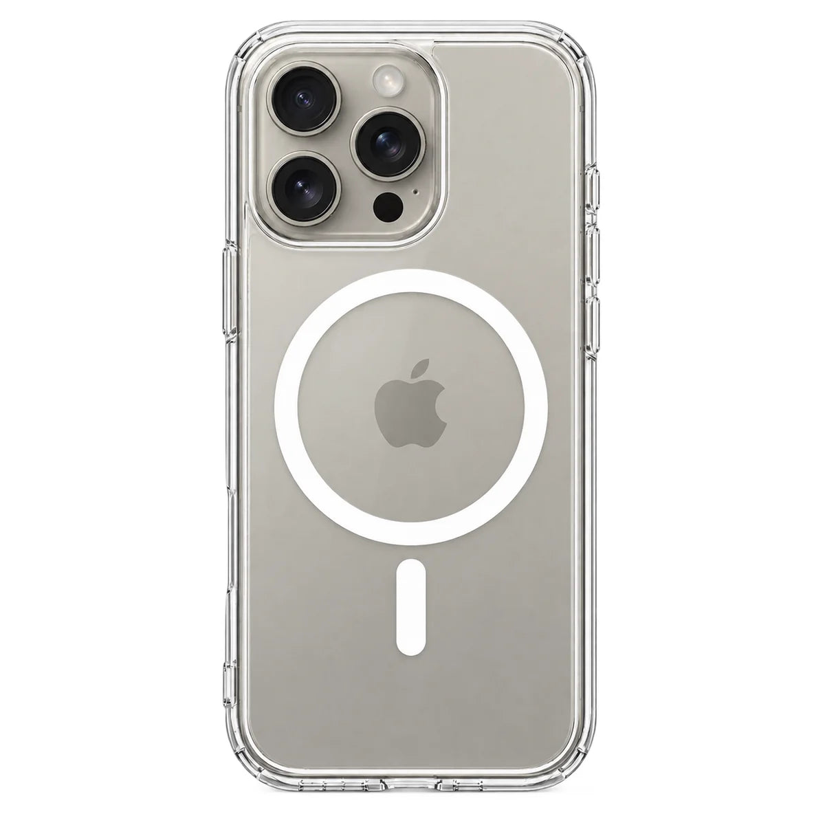 Clear magnetic phone case showing the handset's rear cameras and transparent edges. #iPhone Model_iPhone 15 Pro Max