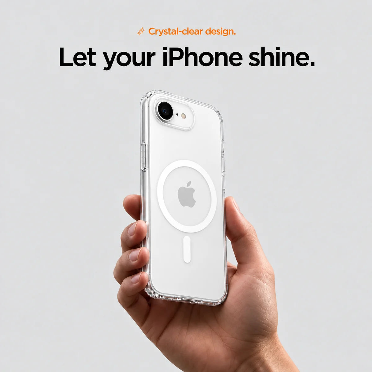 Clear magnetic phone case held at an angle, showing its transparent back and camera openings. #iPhone Model_iPhone 16e