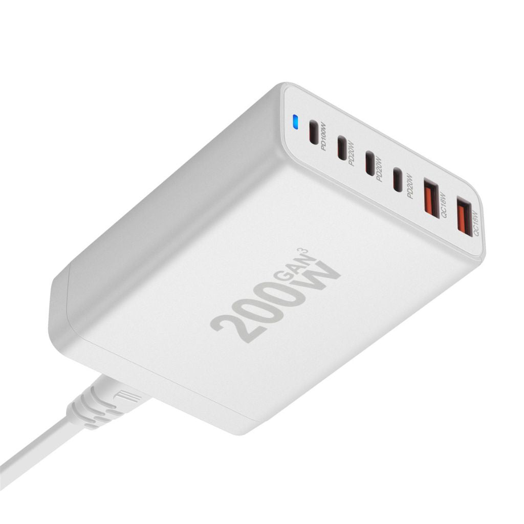 200W GaN 6-Port USB-C Charger with advanced GaN technology, featuring four USB-C PD ports and two USB-A QC 3.0 ports for ultra-fast and efficient multi-device charging. Compact and lightweight design suitable for home, office, and travel use.