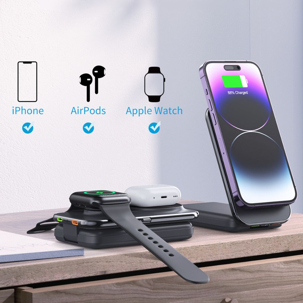 8,000mAh Magnetic Qi2 Power Bank 3-in-1 Wireless Charger for