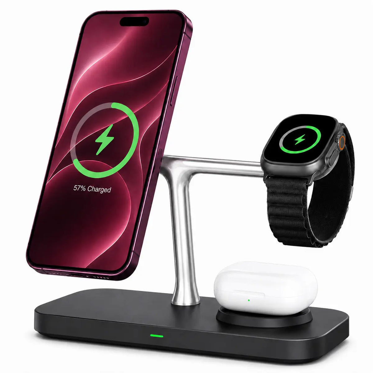 Midnight Black three device wireless charging station with Burgundy phone watch and earbuds. #color_Midnight Black