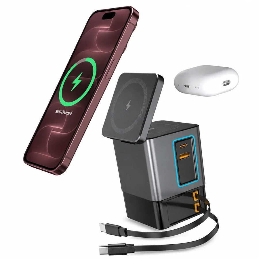 6-in-1 MagSafe charging station for Burgundy iPhone, laptop, tablet and earbuds.