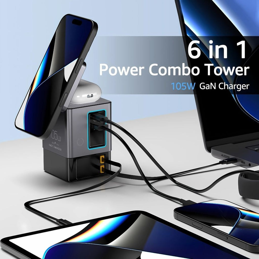 Computer Charger Tower 6-in-1 MagSafe Charging Station | GaN Fast Charger Tower