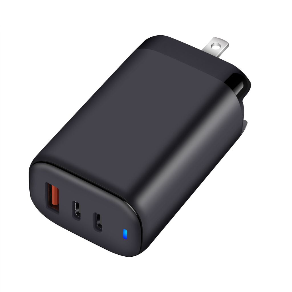 65W GaN 3-Port USB-C Charger with advanced GaN technology, featuring two USB-C PD ports and one USB-A QC port for fast and efficient multi-device charging. Compact and lightweight design suitable for home, office, and travel use.