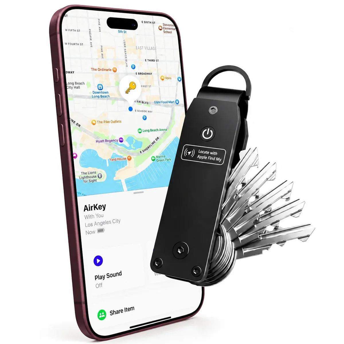 Stealth Black tracking key organizer beside a Burgundy iPhone showing its location in Find My. #color_Stealth Black