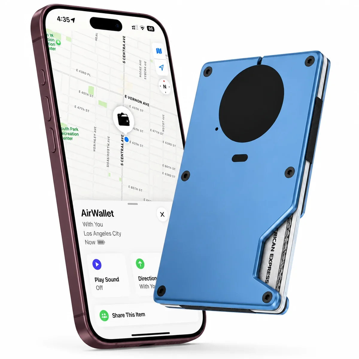 Glacier Blue tracker wallet beside a Burgundy iPhone showing the wallet location in Find My. #color_Glacier Blue