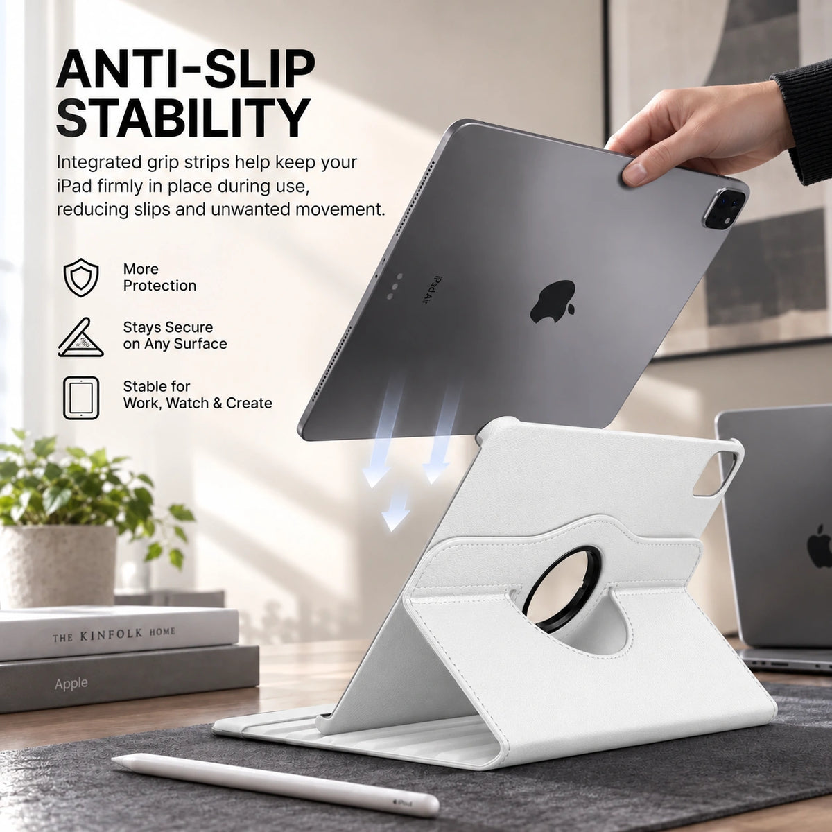 Arctic White rotating tablet folio case with an anti slip tablet holder #color_Arctic White