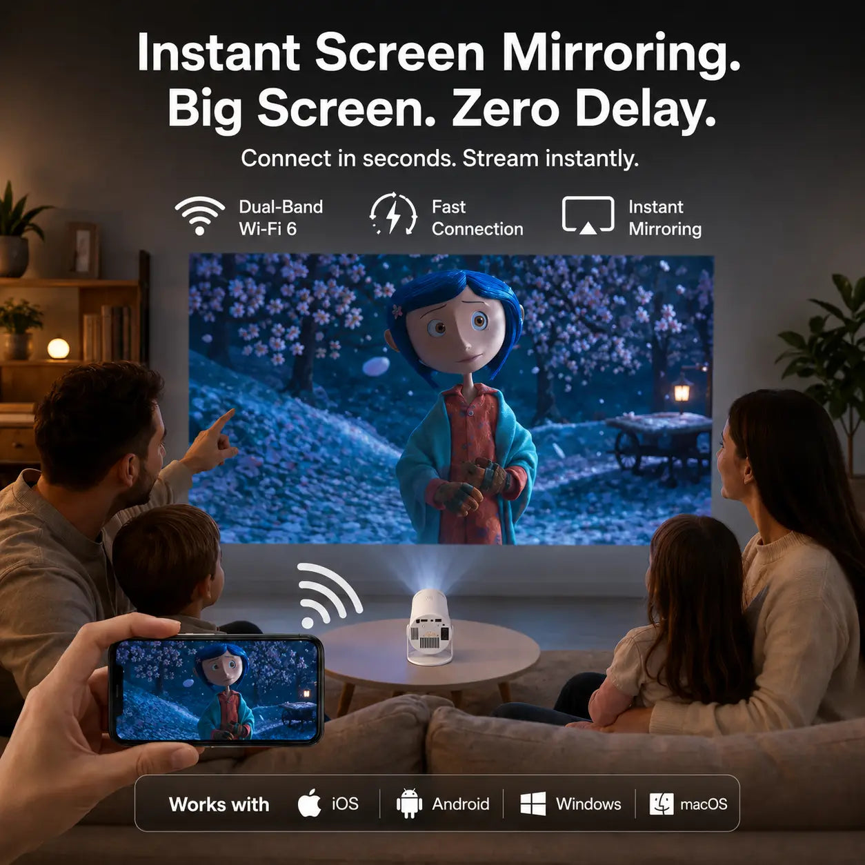 Portable movie projector for home or travel
