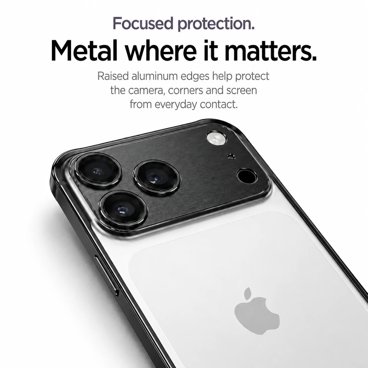 Black aluminum frame phone case showing its raised camera and corner protection #color_Midnight Black