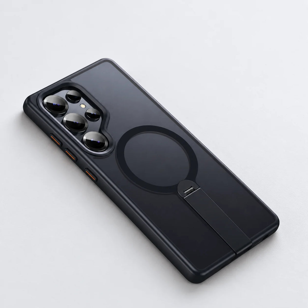 Black phone case resting on a desk with its narrow support arm closed #Samsung Model_Samsung S25 Ultra