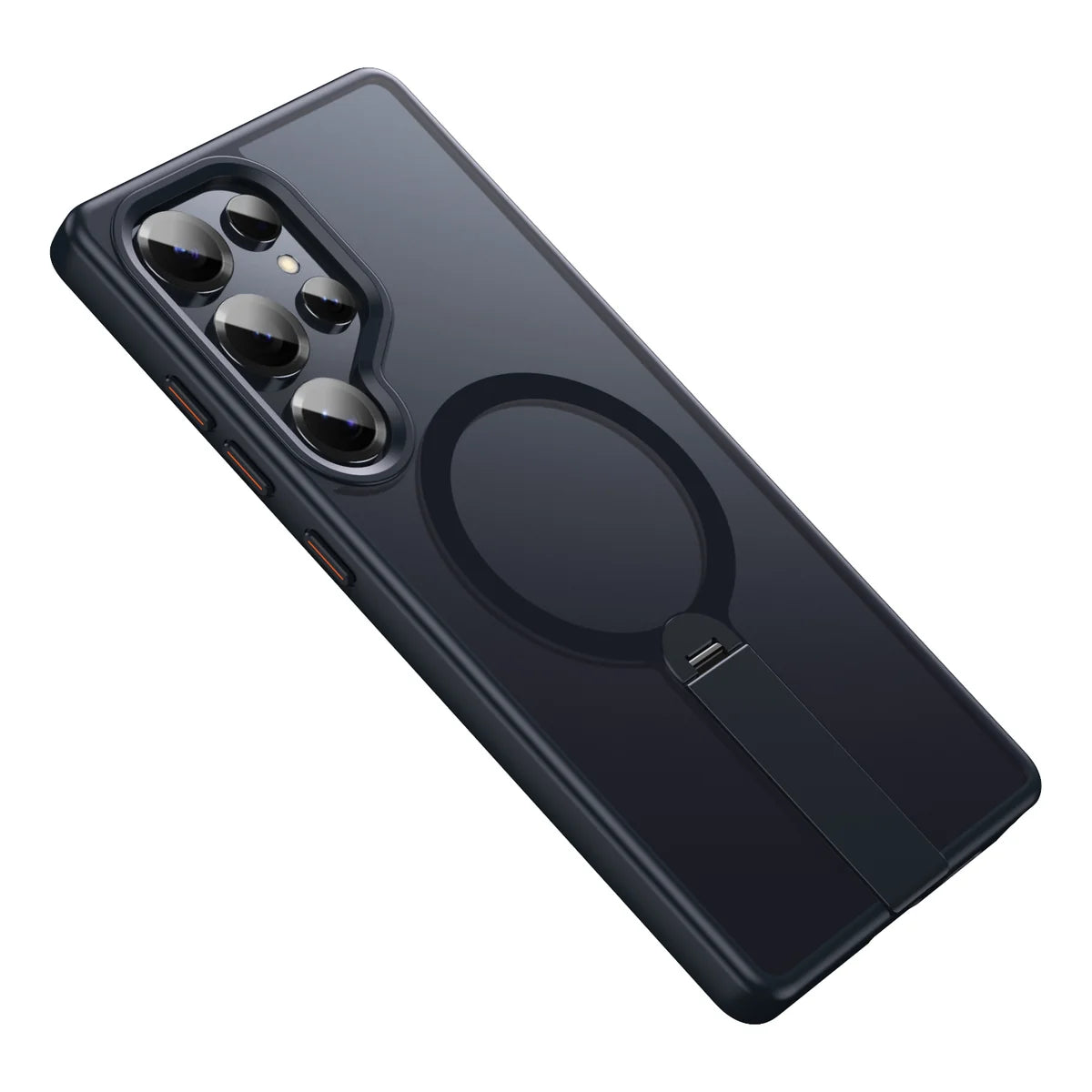Black phone case with a flat magnetic ring and a narrow folding support arm #color_Midnight Black