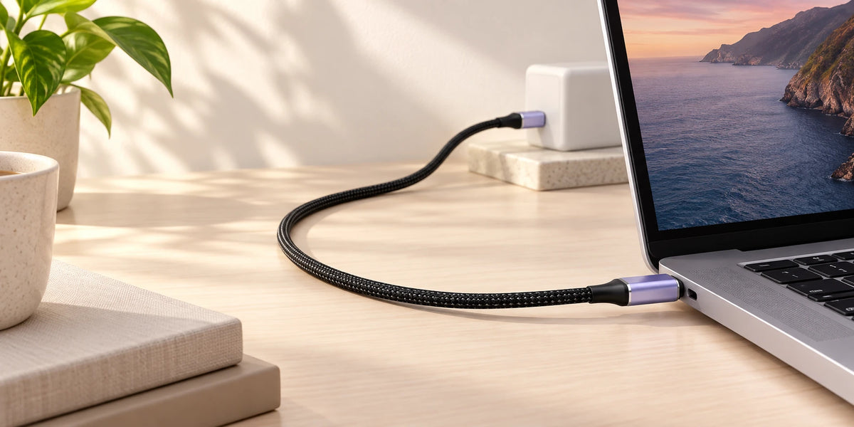 Black braided USB-C cable with lavender metal connectors charging a laptop.