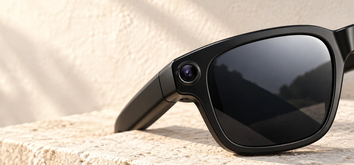 Close-up of the small camera beside a dark sunglass lens.