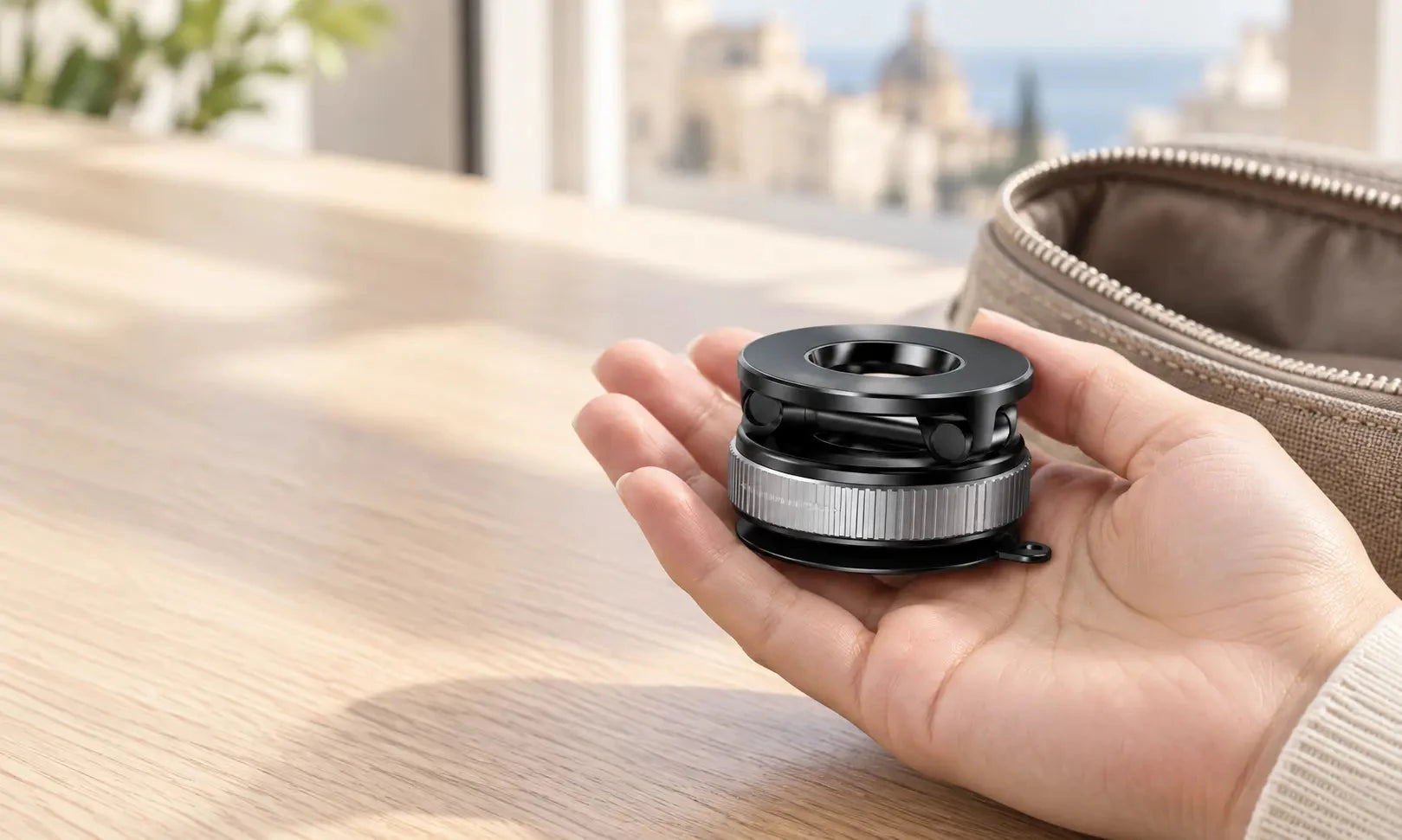 Hand holding a folded black and silver magnetic suction phone mount beside a travel bag.