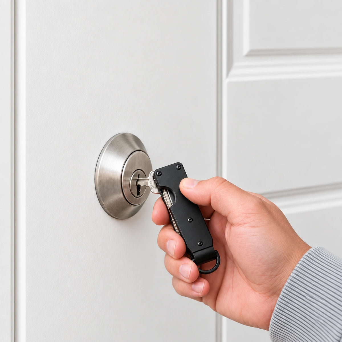 A hand using one unfolded key from a compact black organizer in a door lock.