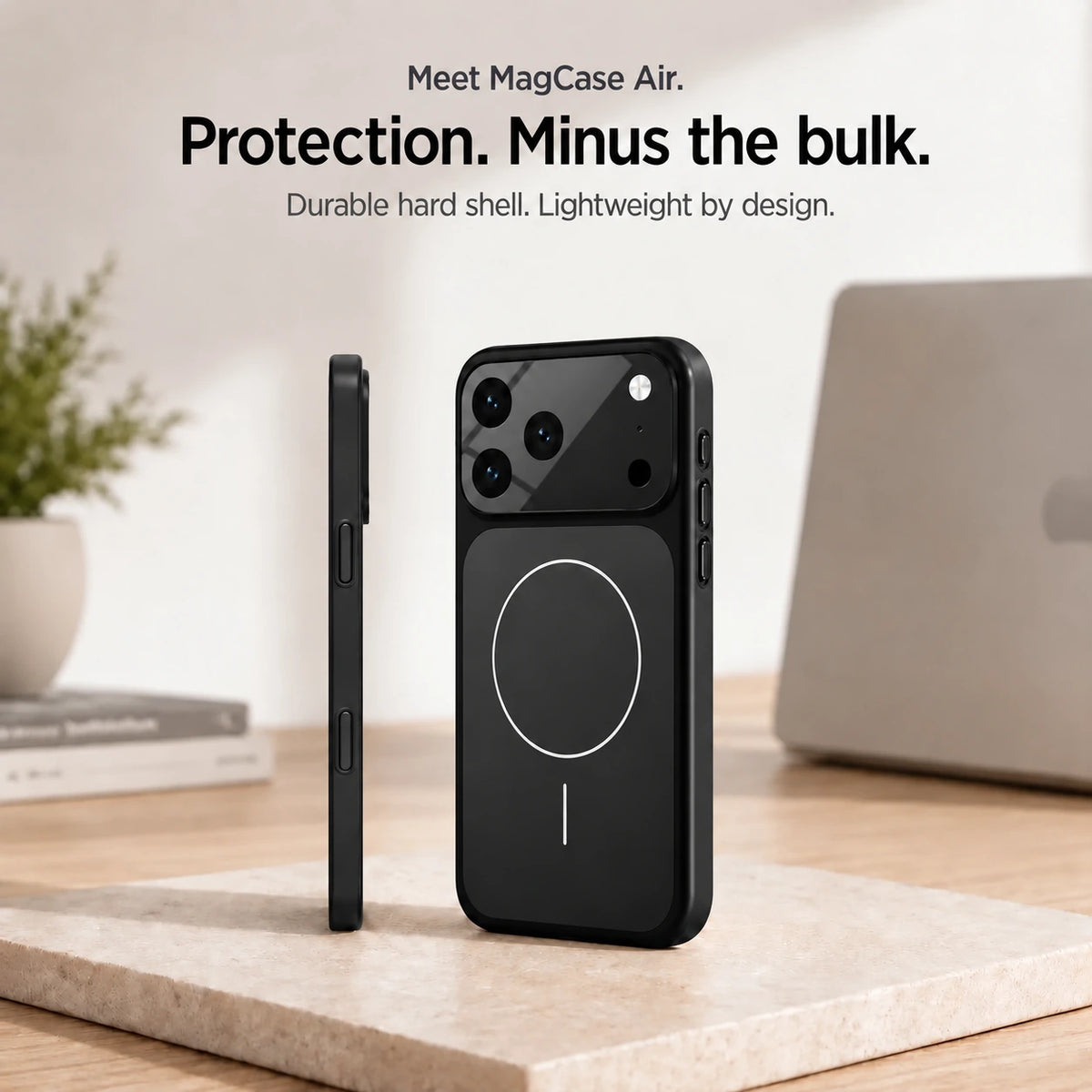 Black lightweight hard shell phone case in rear and side views on a stone desk slab #color_Midnight Black