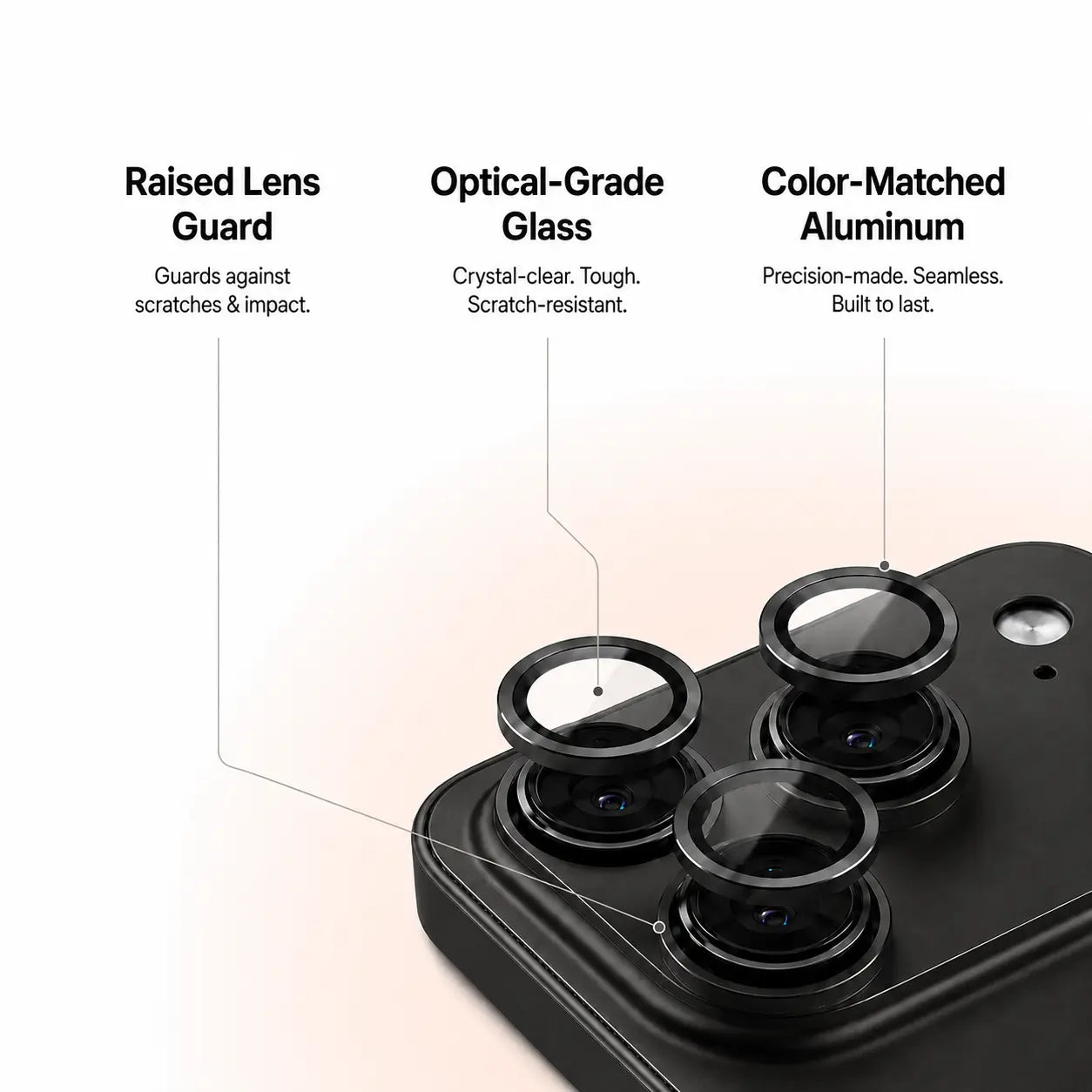 Black metal phone case in an exploded close-up showing camera lens guards and trim #color_Midnight Black