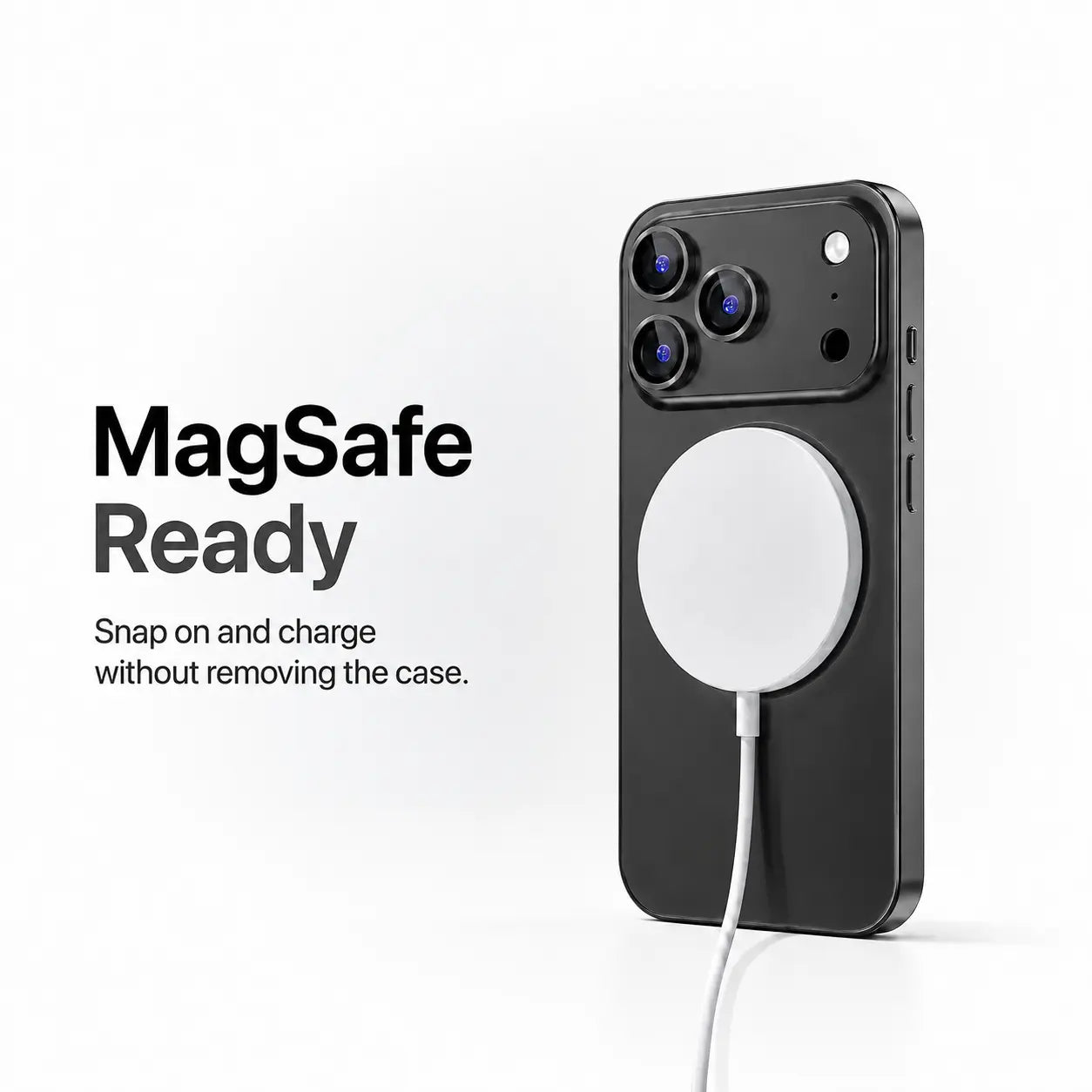Black metal phone case attached to a round white magnetic wireless charging puck #color_Midnight Black