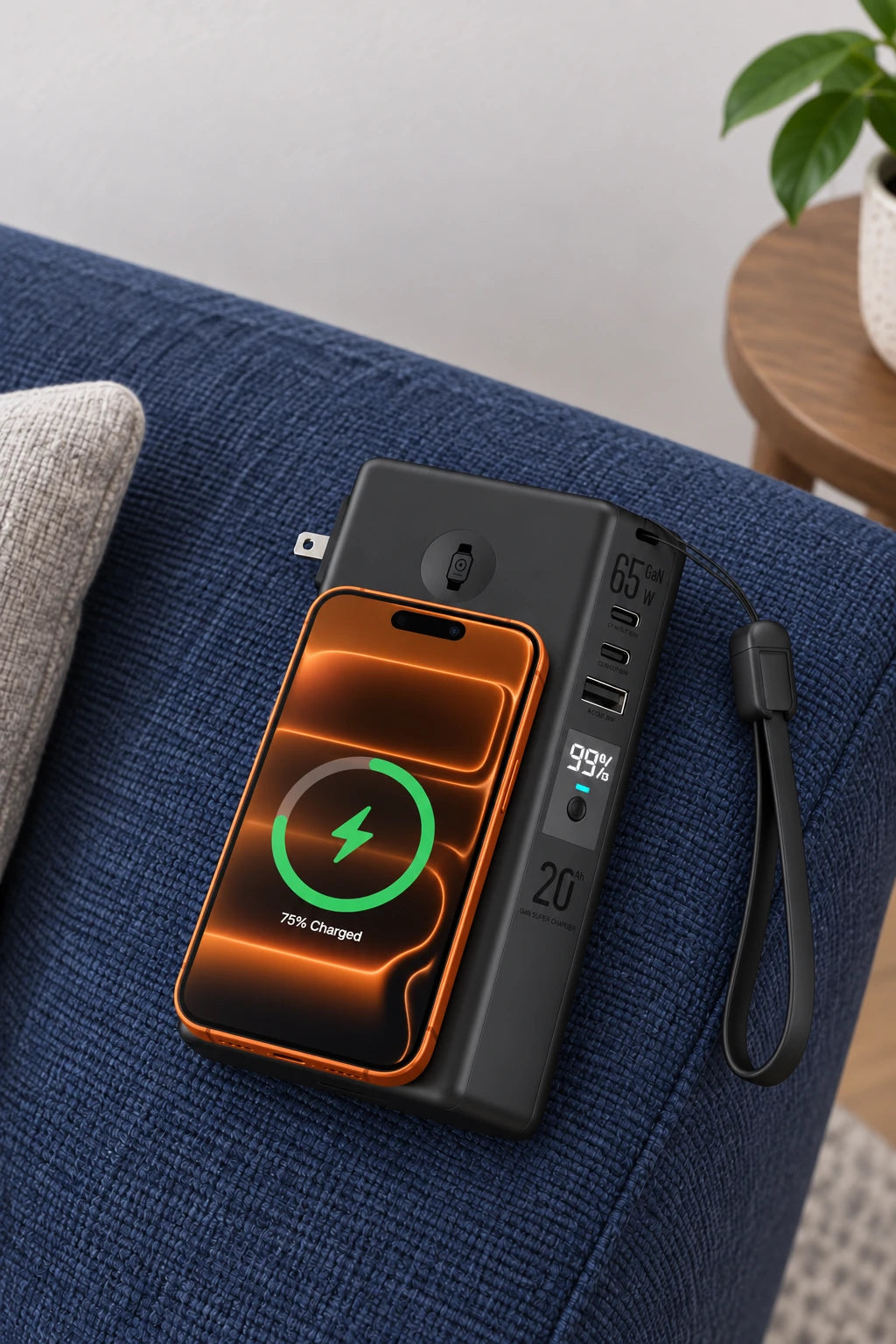 Phone resting flat on the magnetic charging zone of a black high-capacity battery.