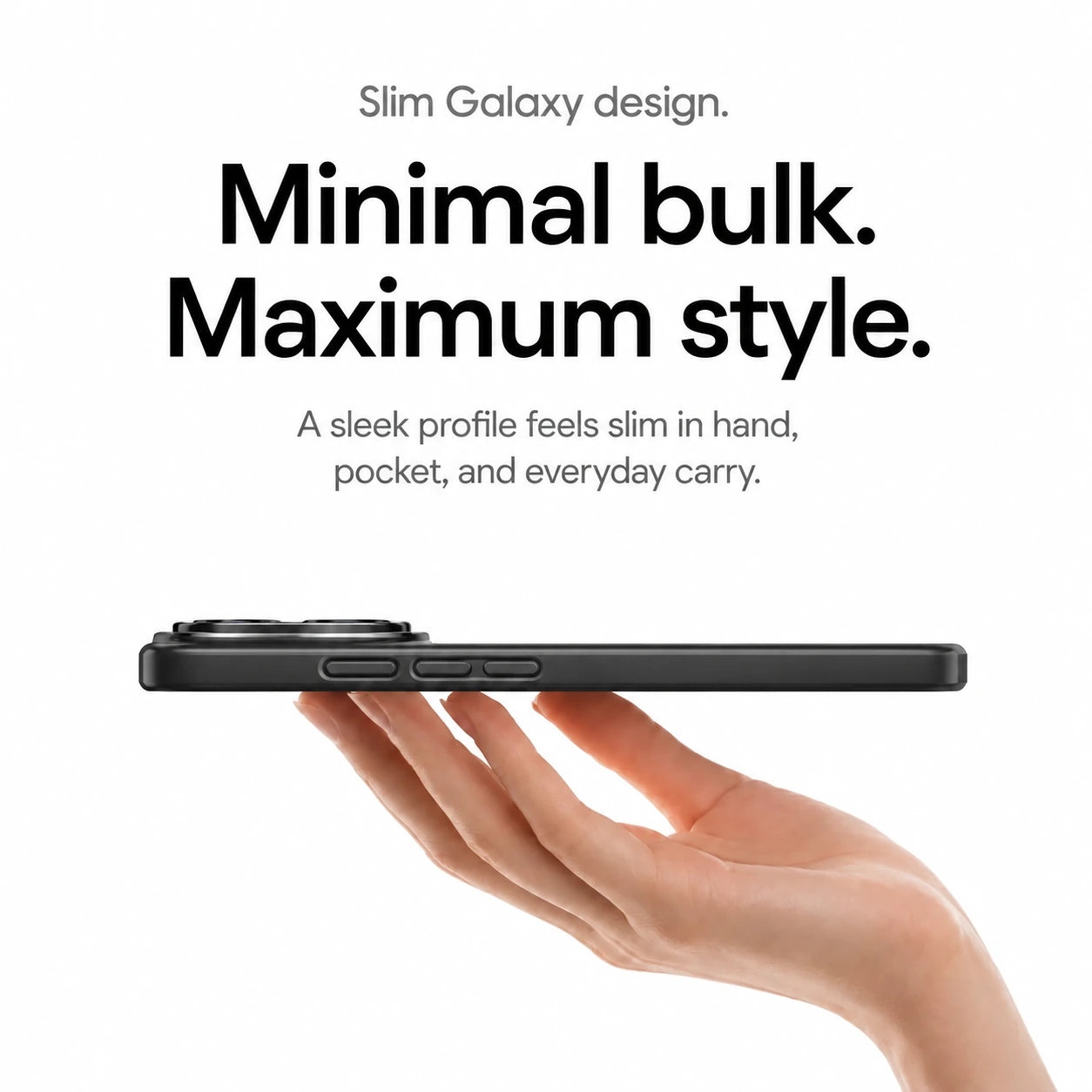 Black ring stand phone case shown in a slim side profile above a hand #color_Midnight Black