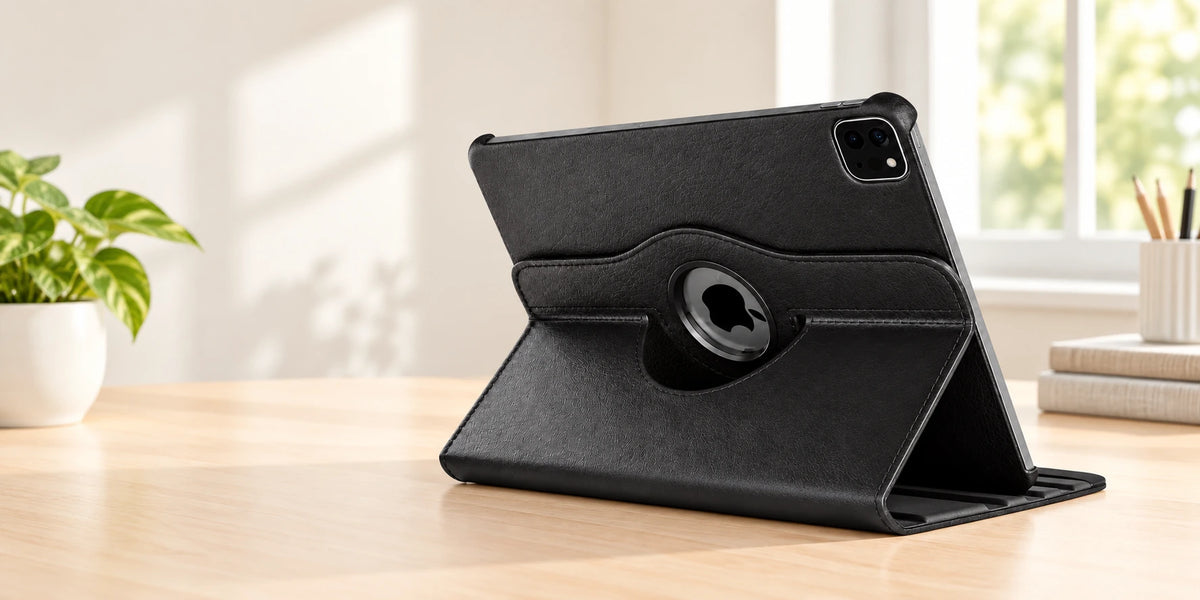 Black rotating tablet folio standing securely in landscape with its original triangular support.