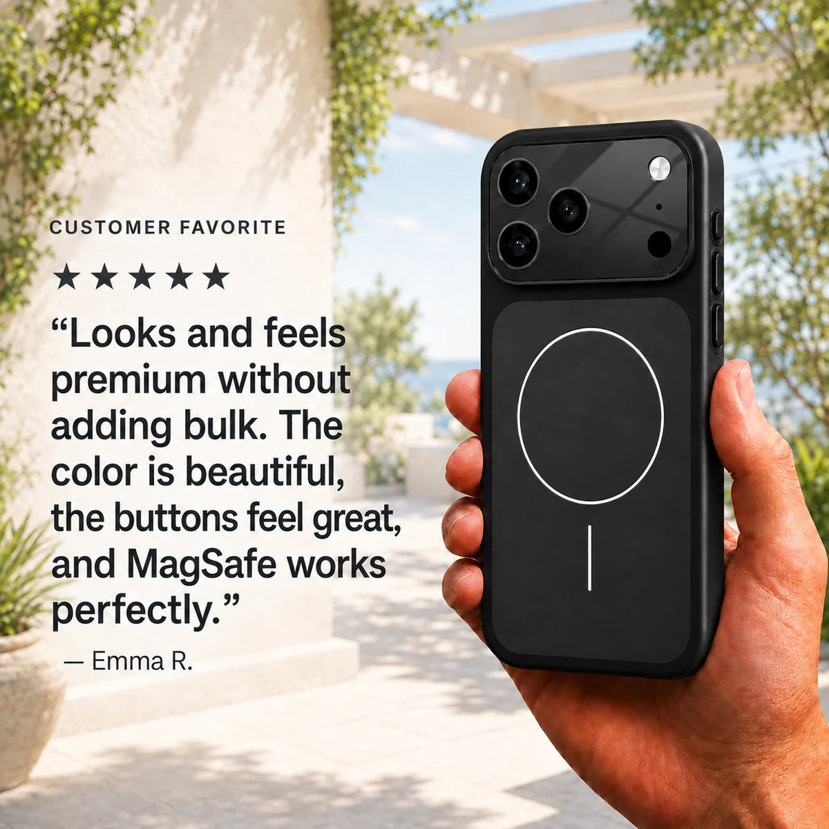 Black slim protective phone case held on a sunny patio beside customer feedback #color_Midnight Black