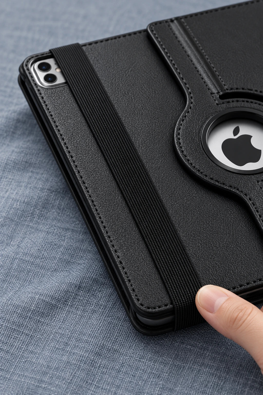 Black elastic strap securing a closed stitched tablet folio.