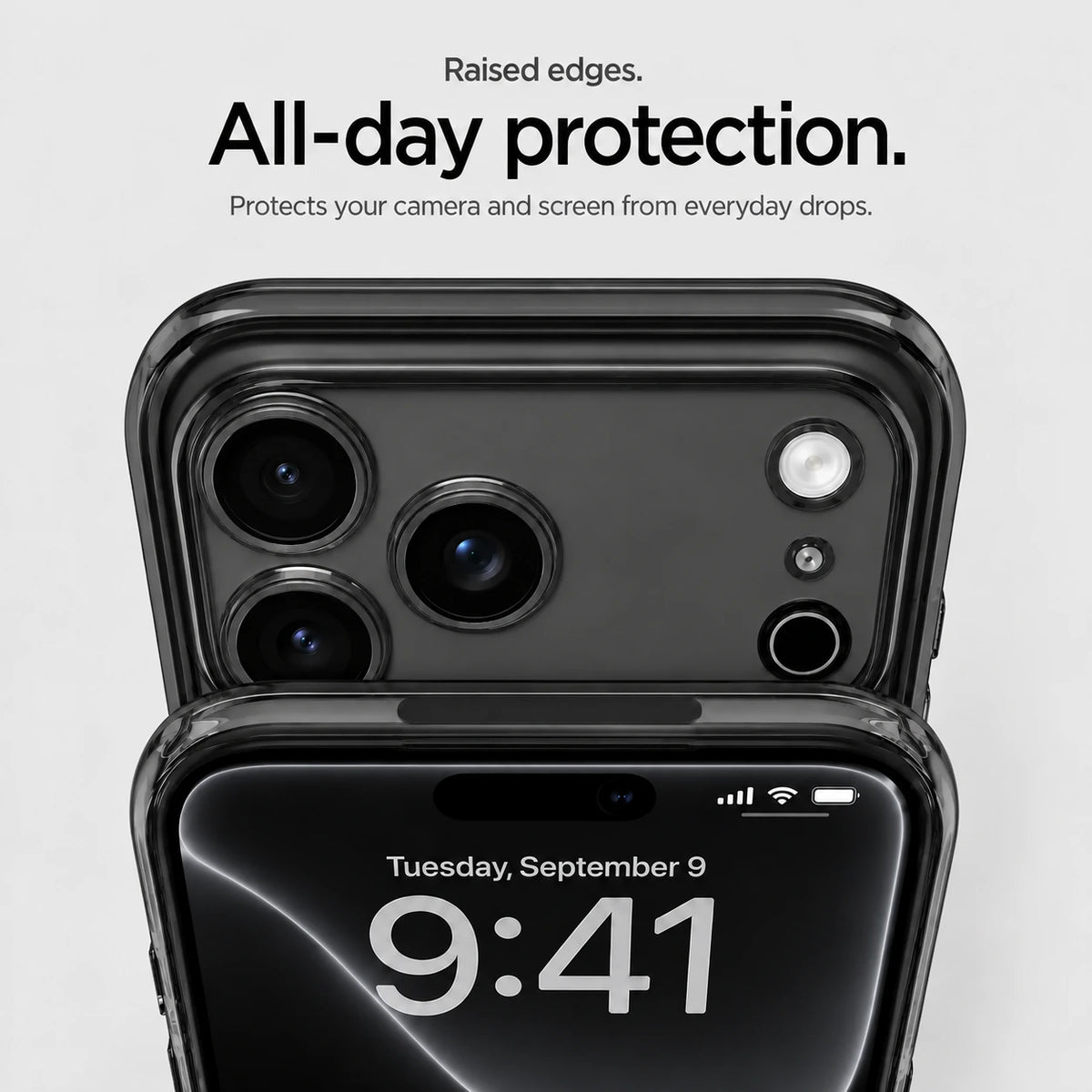 Black tinted phone case in close-up showing raised camera and screen edges #color_Midnight Black