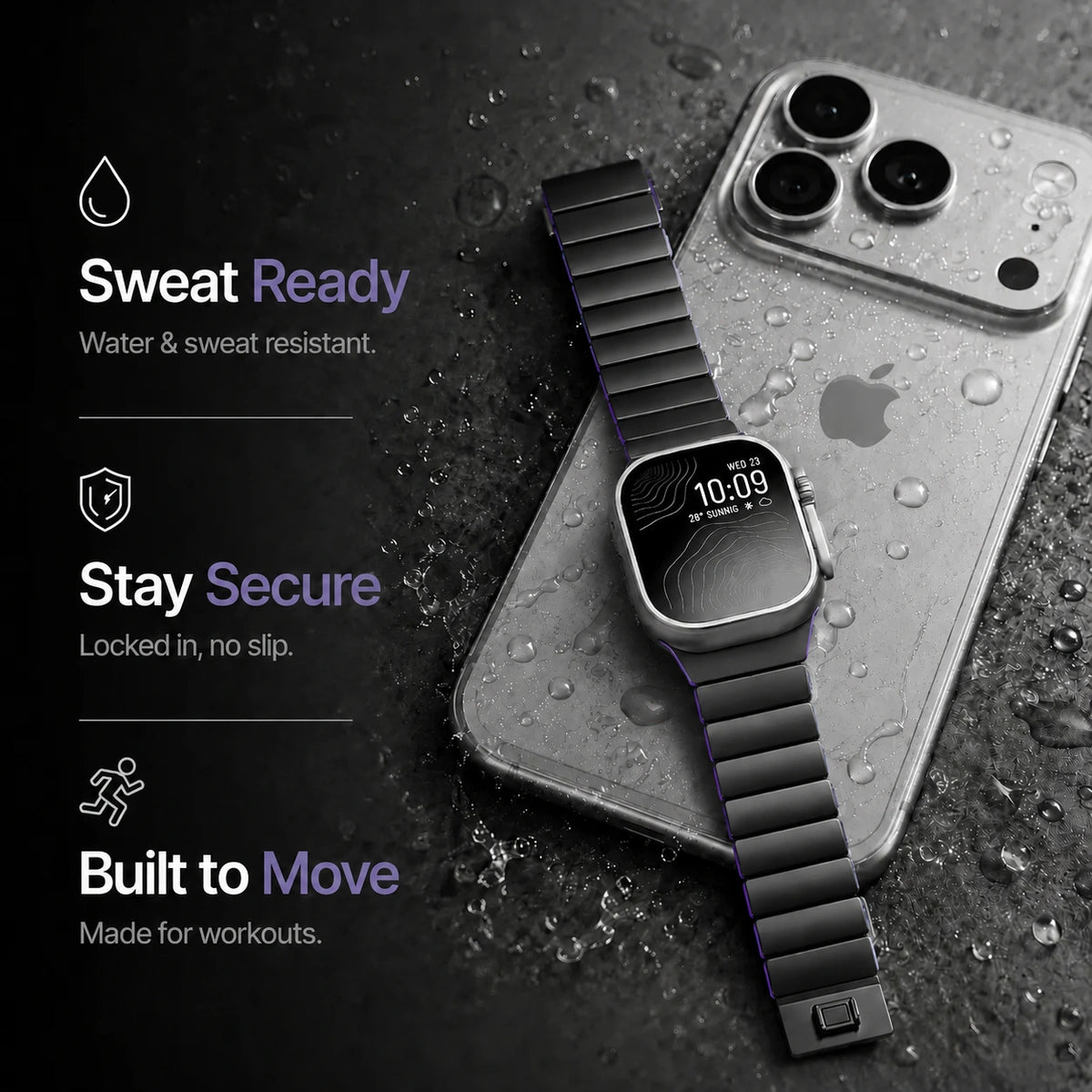 Black Titanium Violet hybrid watch band with a water resistance illustration #color_Black Titanium Violet