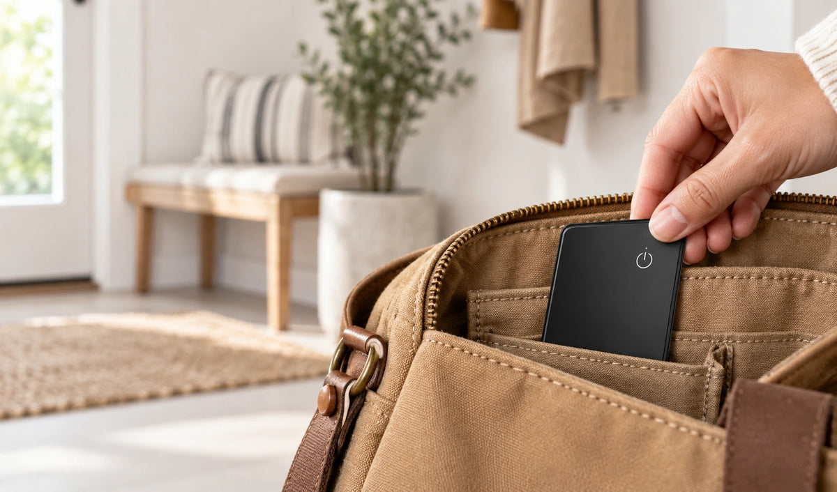 Black tracker card being tucked into the inner pocket of a canvas bag.
