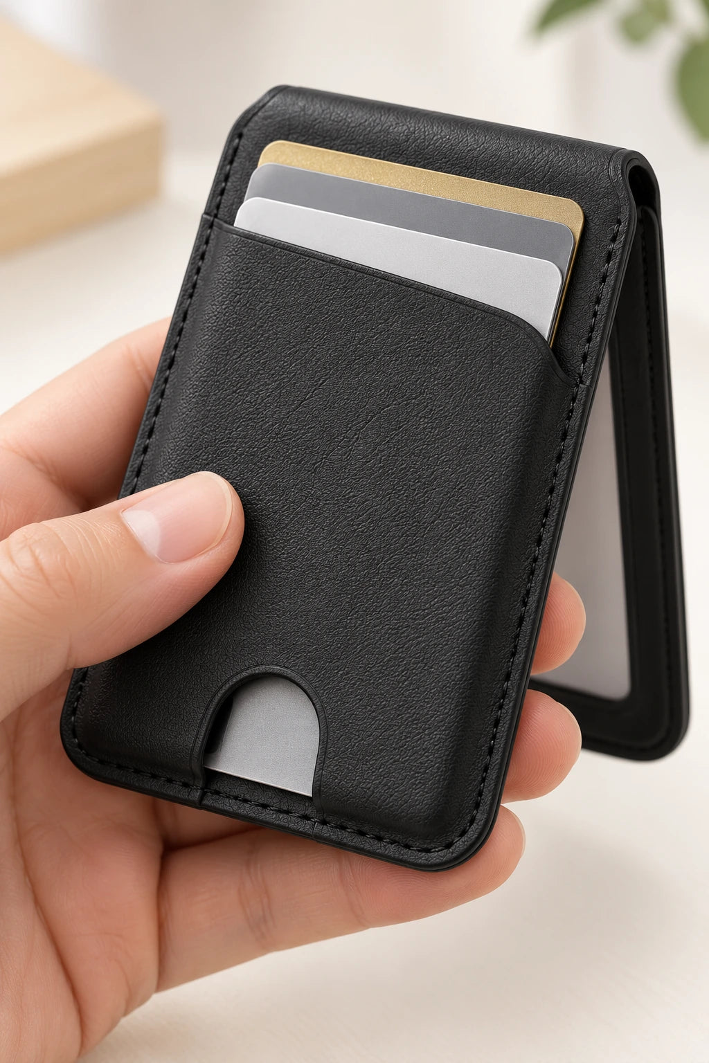 Black vegan leather wallet grain, stitched edge and lower thumb notch.