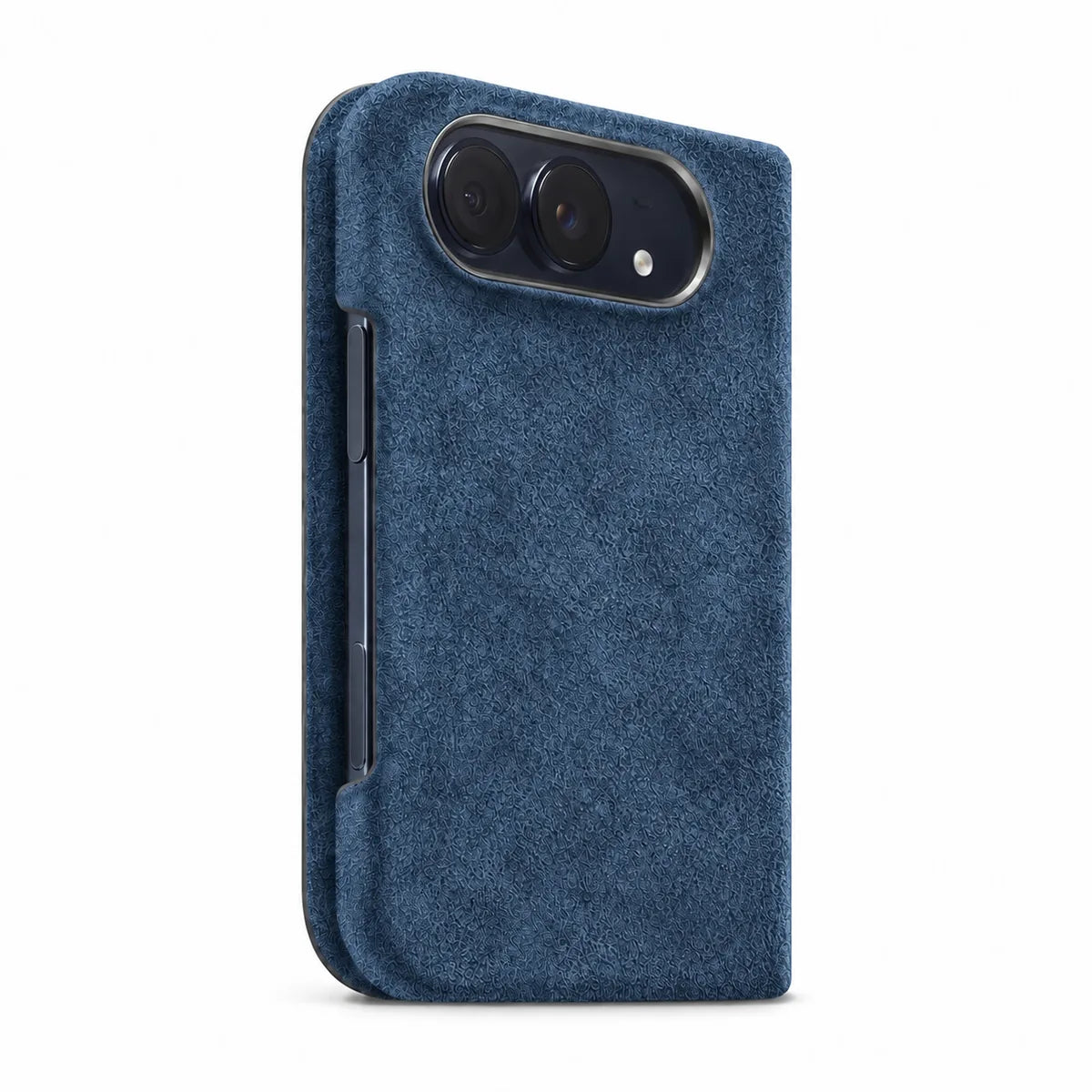 Deep Blue Alcantara folio case for iPhone Duo, angled rear view with a horizontal dual-camera opening #color_Deep Blue
