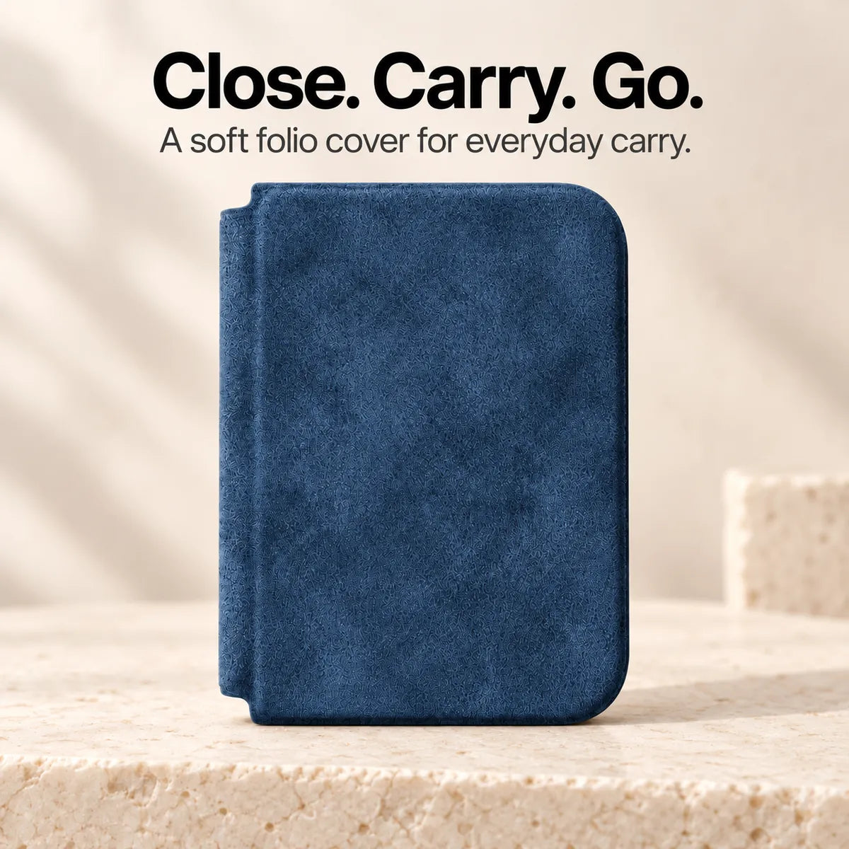 Deep Blue Alcantara folio case for iPhone Duo, closed front cover with a soft fabric finish #color_Deep Blue
