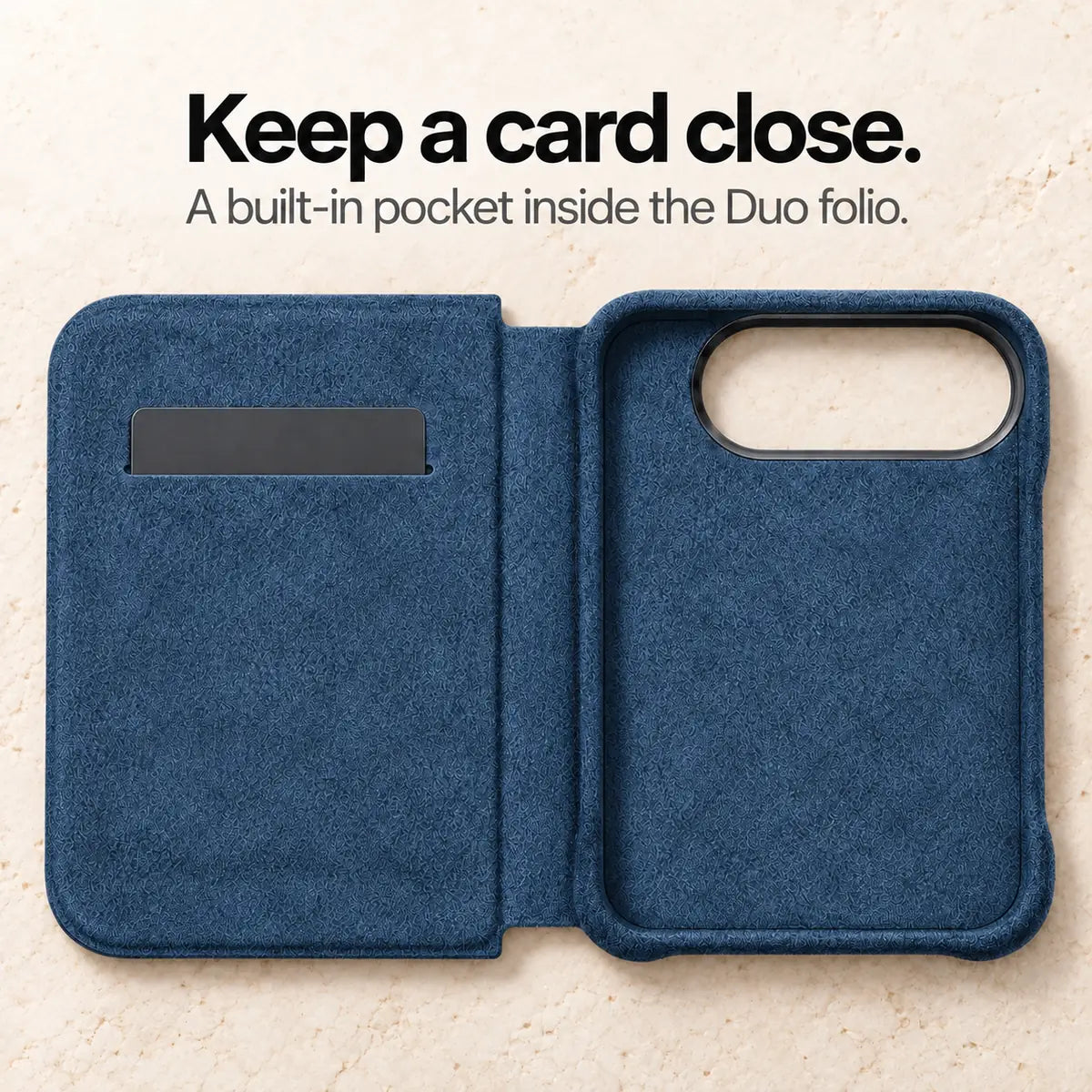 Deep Blue Alcantara folio case for iPhone Duo, opened folio showing its built-in card pocket and camera opening #color_Deep Blue