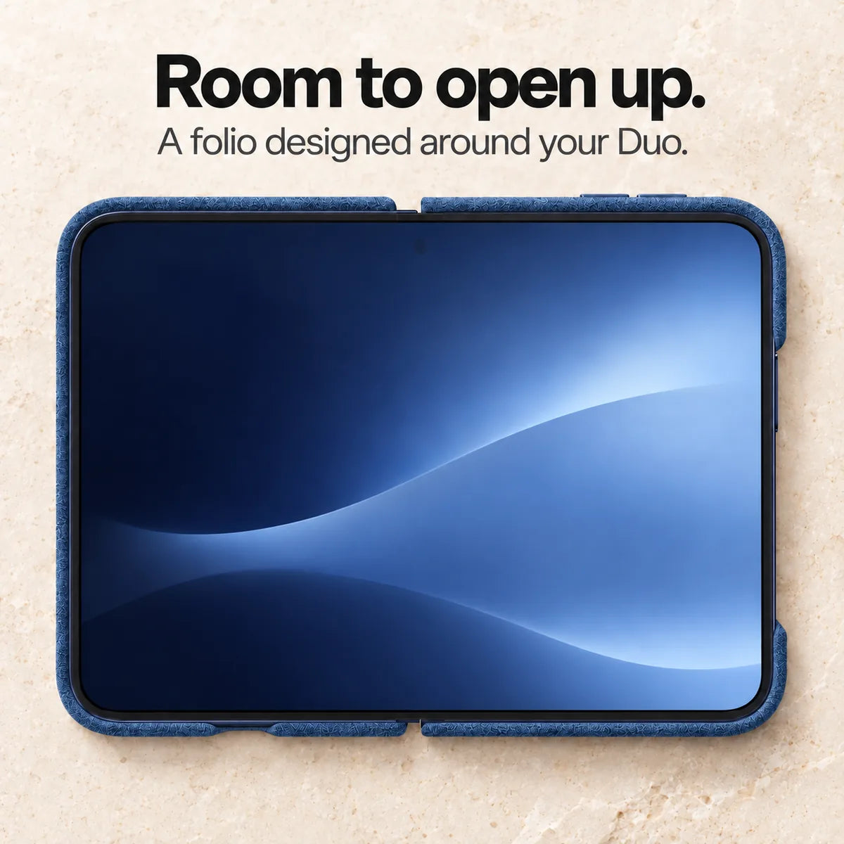 Deep Blue Alcantara folio case for iPhone Duo, fully unfolded phone with the folio case around its outer edges #color_Deep Blue