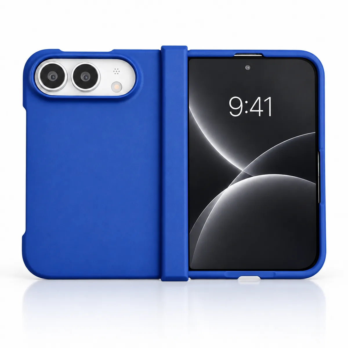 Blue matte case on a silver iPhone Ultra, showing the rear cover, matching outer display frame and hinge cover on white. #color_Cobalt Blue