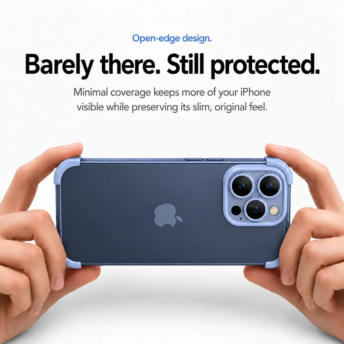 Blue open-back phone bumper held horizontally in two hands #color_Deep Blue