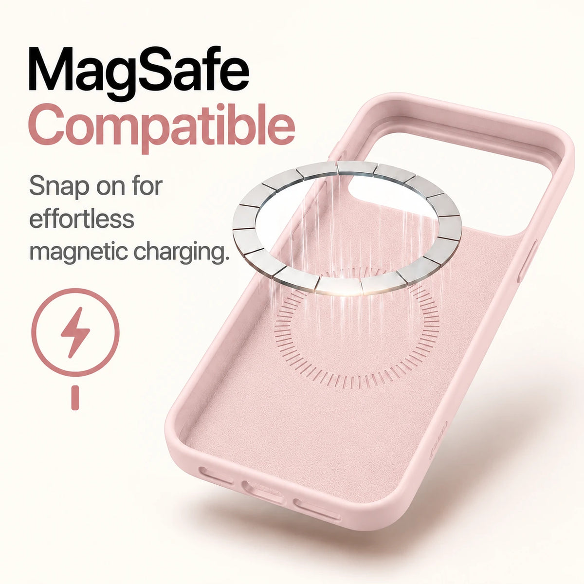 Blush pink silicone phone case showing the soft interior and magnetic charging ring #color_Blush Pink
