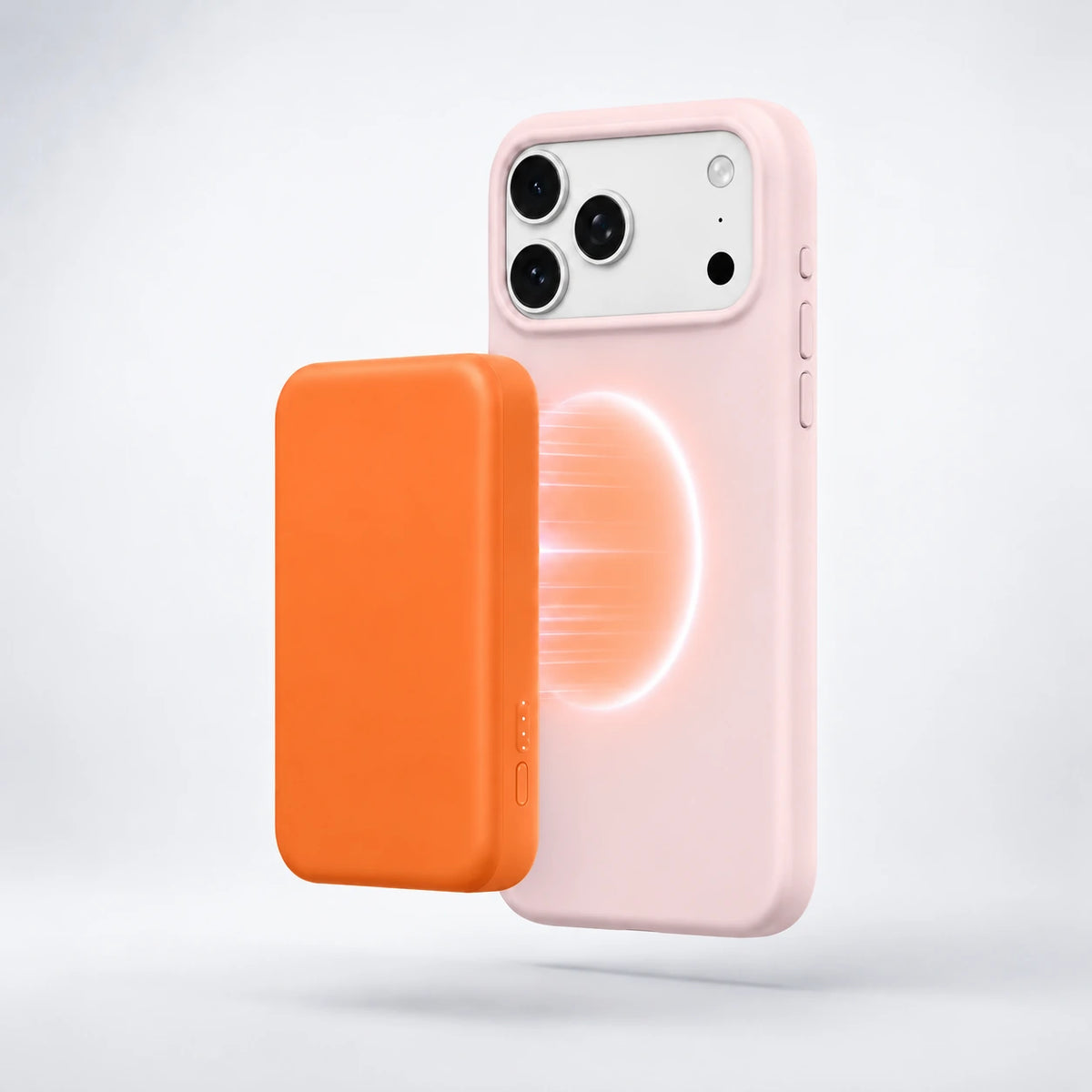 Blush pink silicone phone case with an orange wireless battery pack #color_Blush Pink