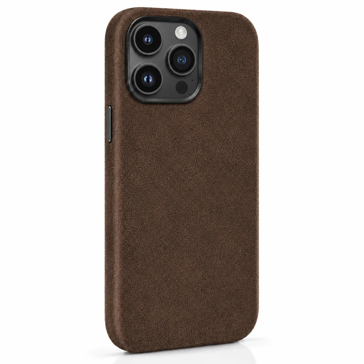Brown fabric phone case with a compact square camera opening and black rim. #color_Espresso Brown