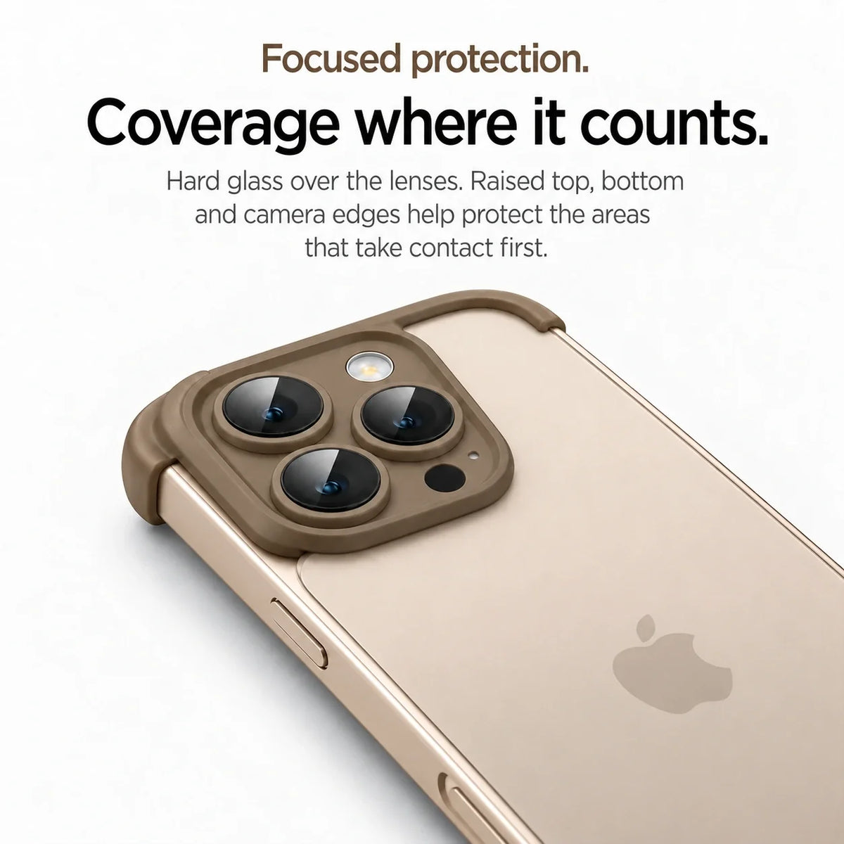 Brown phone bumper in close-up showing the raised camera surround and clear lens covers #color_Mocha Brown