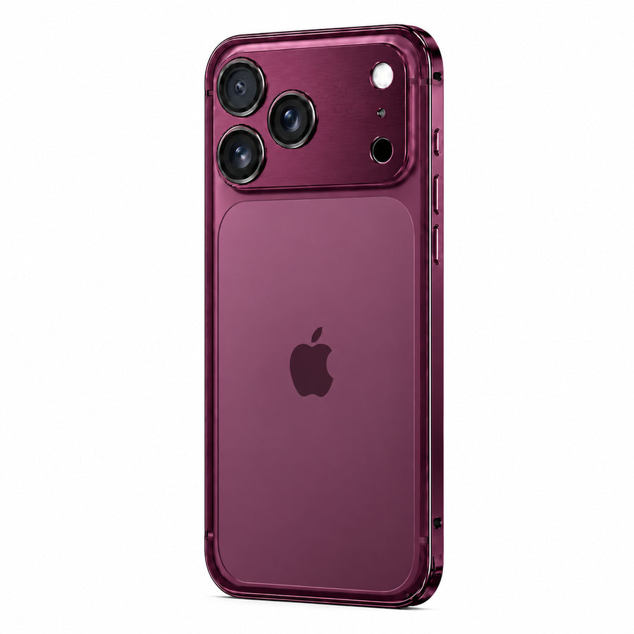 Burgundy aluminum phone bumper with an open back and wide camera protection