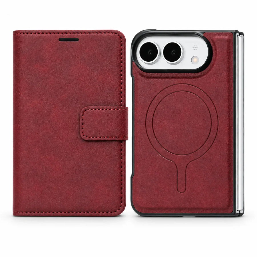 Closed Burgundy wallet folio beside the detachable magnetic phone case, shown from the rear.
