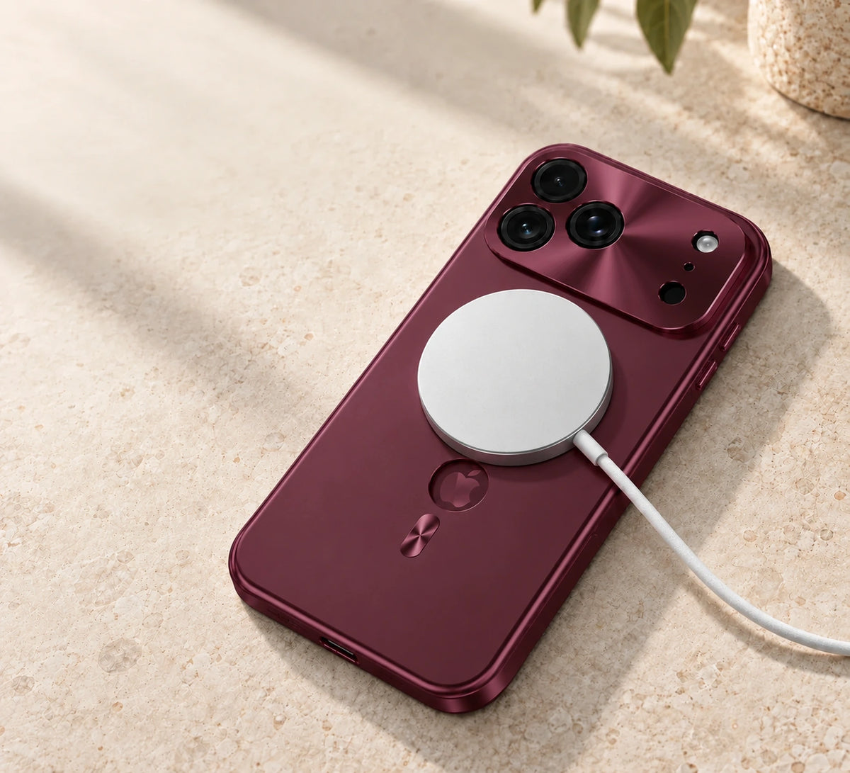 White magnetic charging puck attached to a burgundy full-cover phone case on a stone surface.