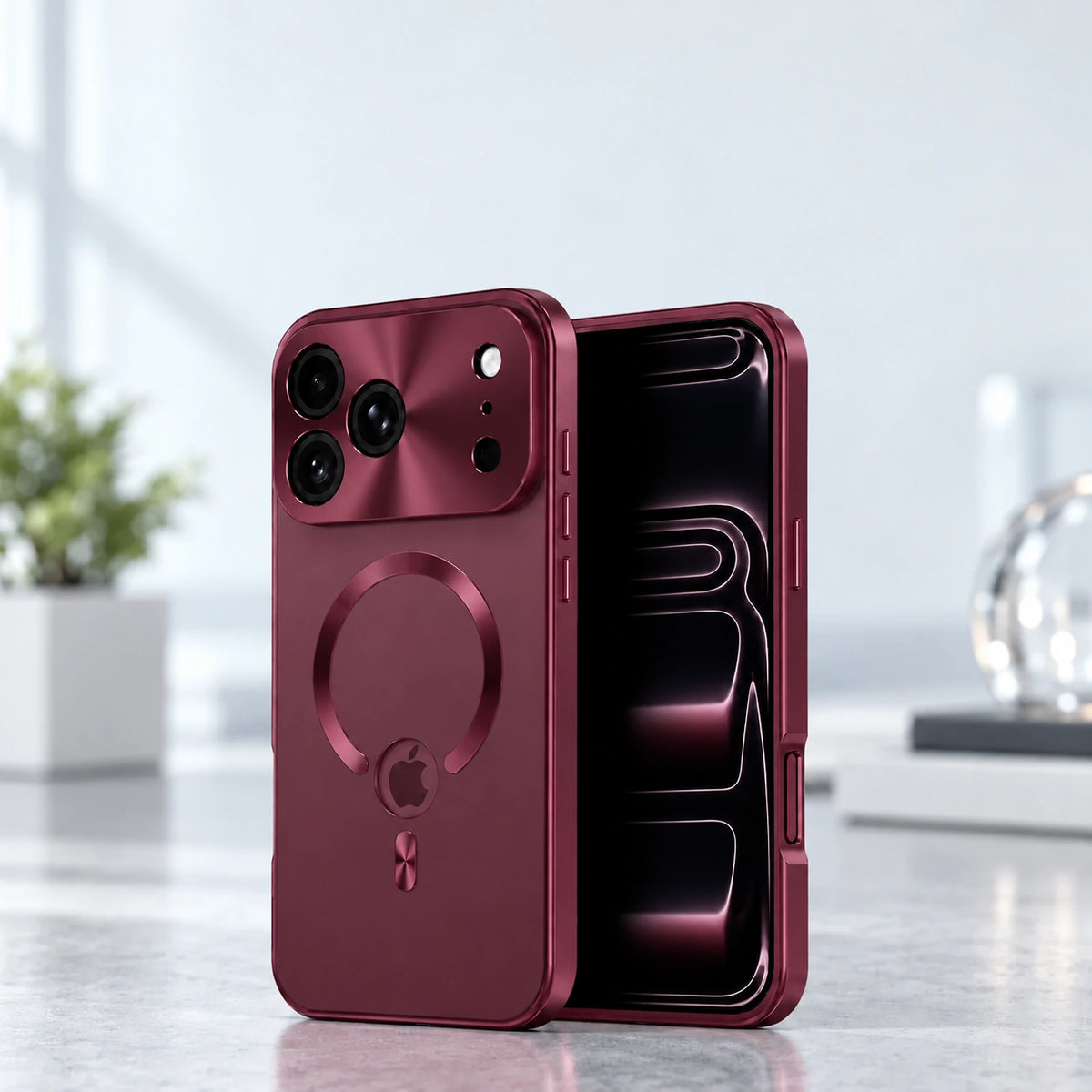 Front and rear views of a burgundy full-cover phone case with screen protection and a metal back.