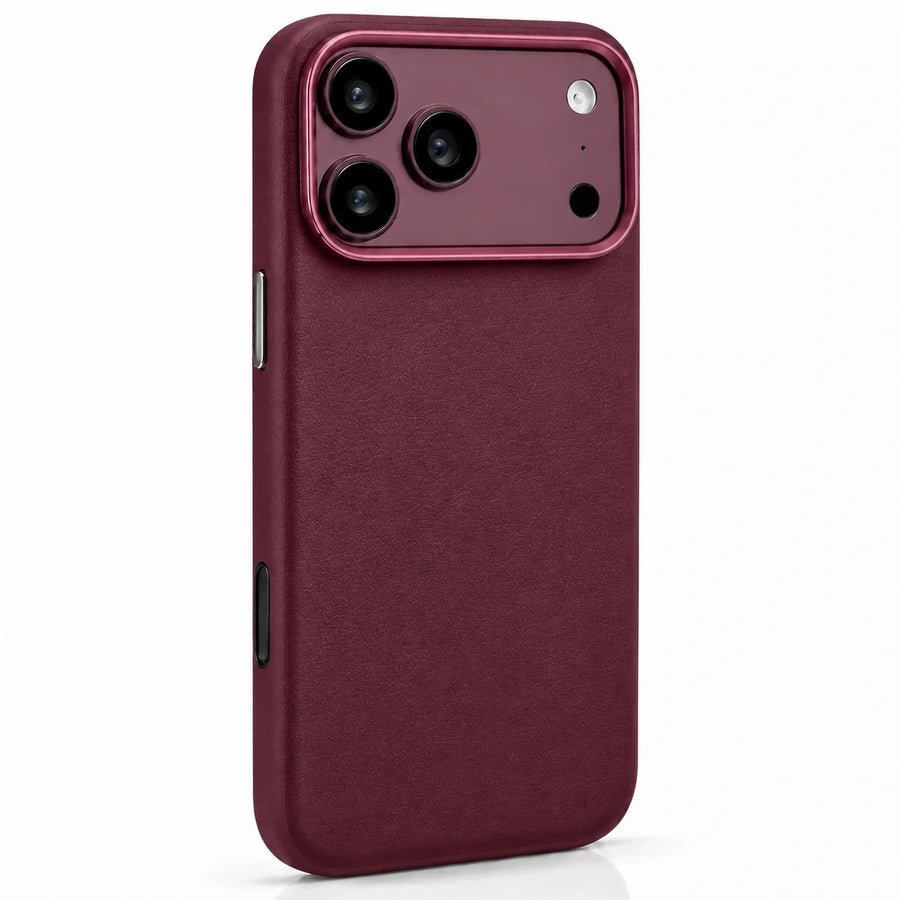 Burgundy leather-finish phone case viewed from the rear