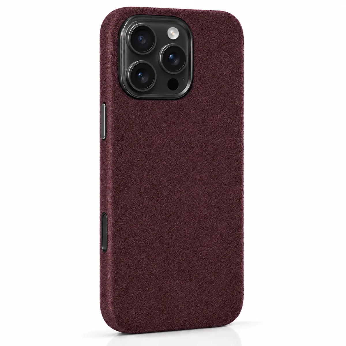 Burgundy fabric phone case with a compact square camera opening and black rim. #color_Burgundy