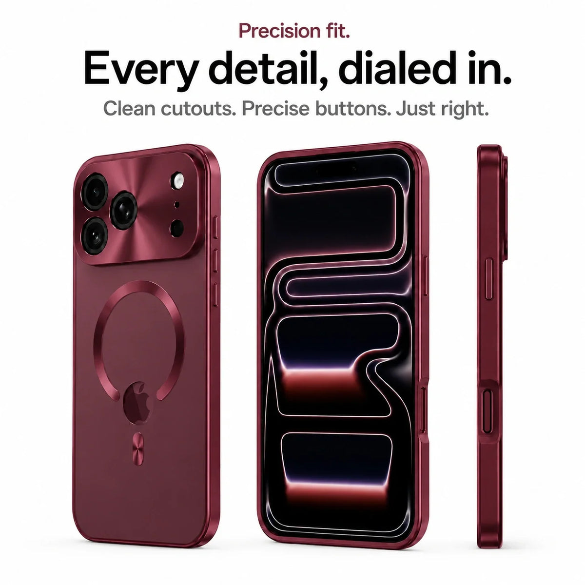 Burgundy metal frame phone case showing the front, back, side buttons and cutouts #color_Burgundy
