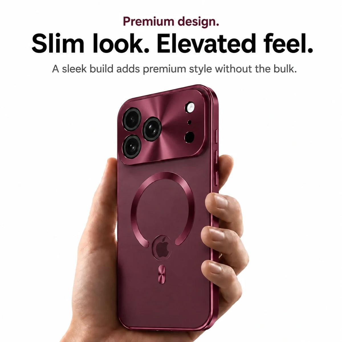 Burgundy metal frame phone case held upright to show its slim design #color_Burgundy